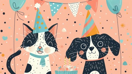 A cat and a dog are wearing party hats and standing next to a cake. The cat is smiling and the dog is wagging its tail