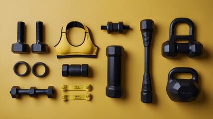 Fitness accessories top view. Sport and gym equipment isolated on yellow background