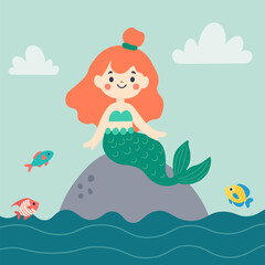 Mermaid on the stone. Vector flat illustration