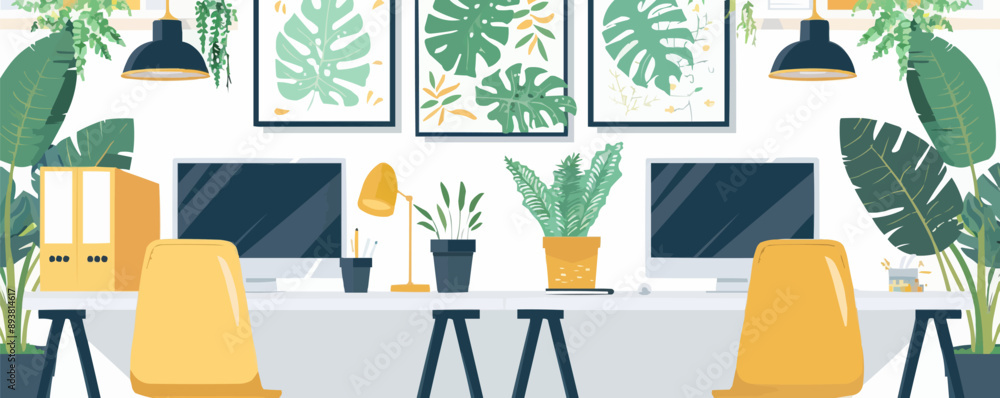Poster modern office workspace with computers and plants vector flat minimalistic isolated illustration