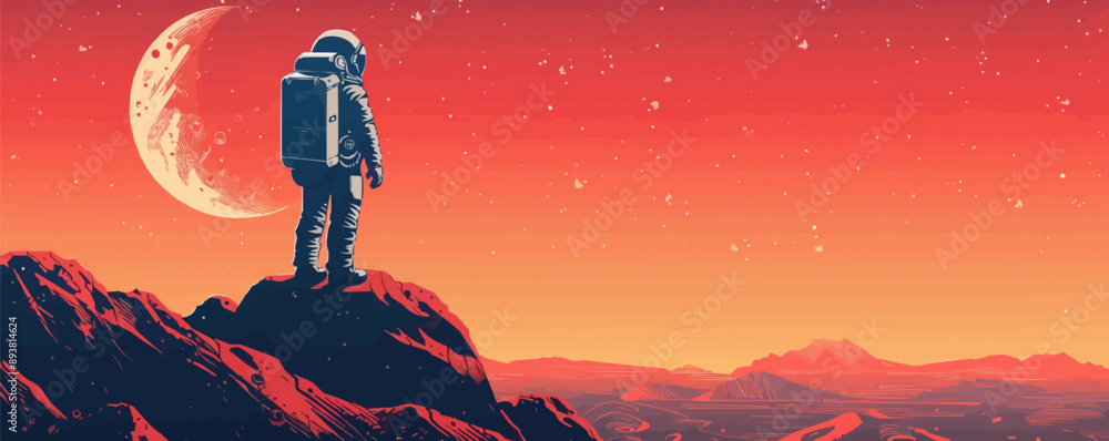 Poster sci-fi astronaut exploring a distant alien planet vector flat minimalistic isolated illustration