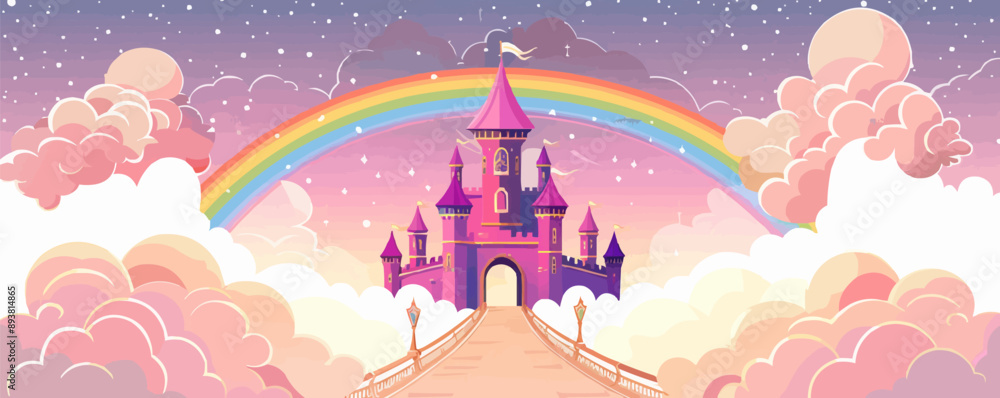 Poster a mystical castle floating in the clouds with a rainbow bridge leading to its gates. vector flat min