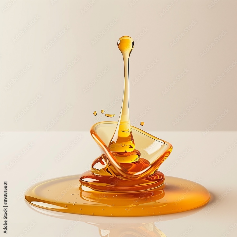 Poster a drop of honey dripping from the top, with honey flowing on its bottom and swirling around to form 
