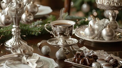 Fototapeta premium The New Year's festive table is decorated with shiny Christmas tree decorations, a lot of chocolates and gifts, aromatic coffee in a beautiful cup