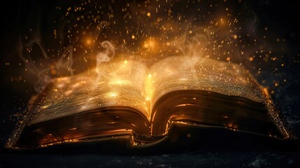 Obraz premium An open book with glowing pages and magical sparkles, representing the power of storytelling in fiction. The background is dark to highlight the glow from within the book. 