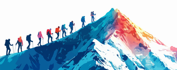 A group of friends hiking to the summit of a majestic mountain, celebrating their achievement on a white background. Vector flat minimalistic isolated illustration.