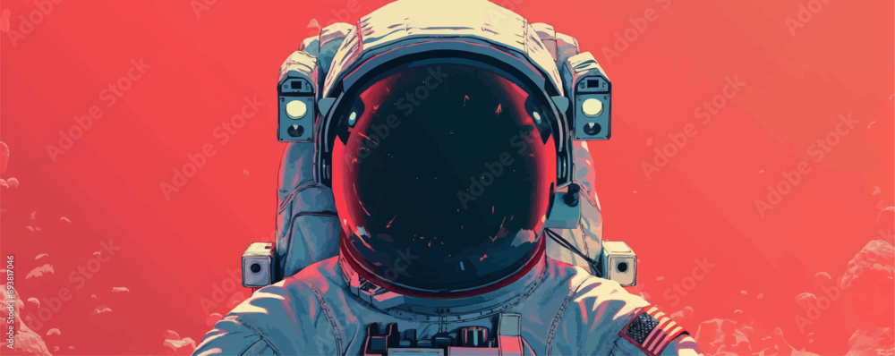 Poster sci-fi space explorer in a high-tech spacesuit vector flat minimalistic isolated illustration