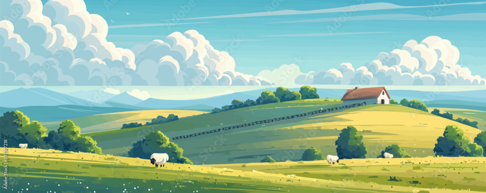 Poster a serene countryside farm with rolling fields and grazing sheep. vector flat minimalistic isolated i