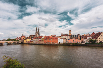 Panoramic view of Regensburg's old town on the Danube in Germany.