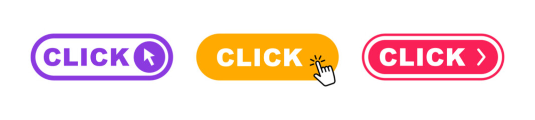 Click Here Button with pointer clicking. Web button set. Click button. Clicking the icon. Action button click here with click cursor. Vector illustration.