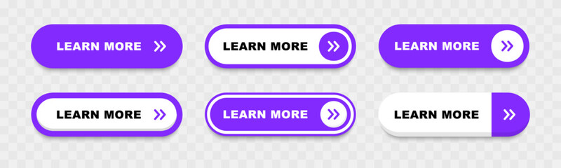 Set of learn more buttons. Learn more button for website design. Call for action buttons. Modern colorful buttons collection. Vector illustration.