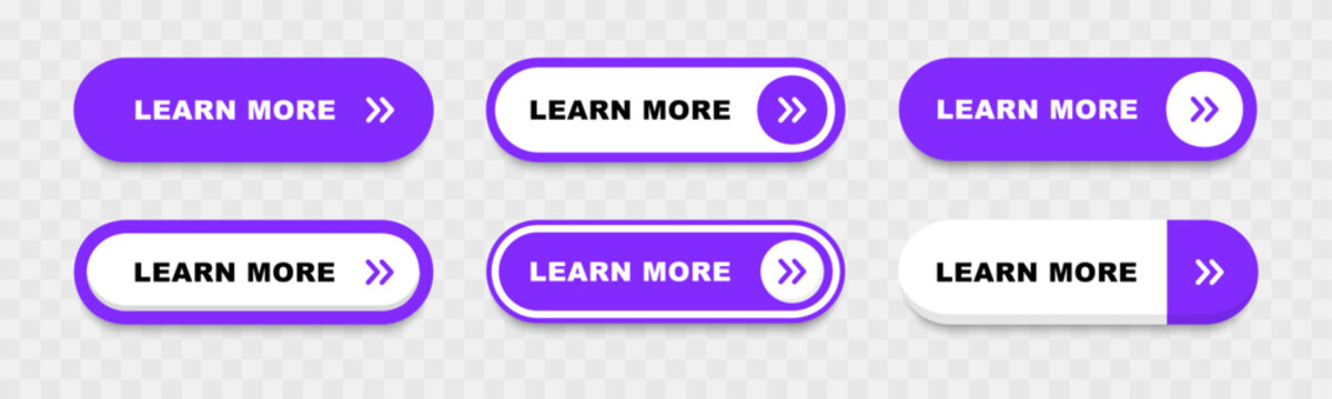 Set of learn more buttons. Learn more button for website design. Call for action buttons. Modern colorful buttons collection. Vector illustration.