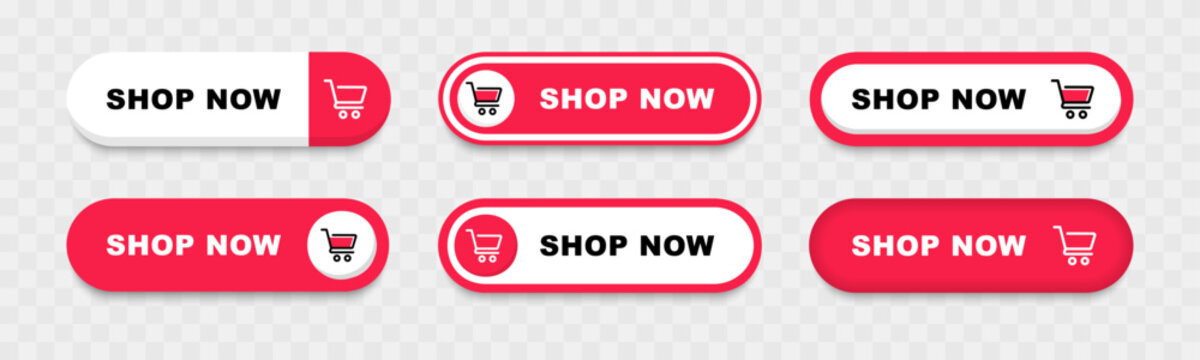 Shop now buttons. Set of shop now buttons with cart icon. Buy now button for online shop. Call for action buttons. Modern colorful buttons for website design. Vector illustration.