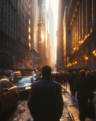 Obraz premium A lone figure walks toward a golden glow in the city: A solitary individual walks towards a radiant sunset, casting long shadows in a busy city street, creating an air of mystery and determination. 