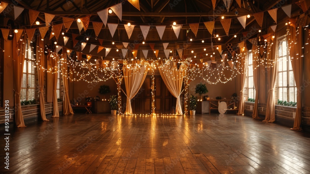 Poster an empty room decorated with lights and festive flags creating a warm and inviting ambiance