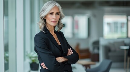 A woman in a black suit stands in front of a window with her arms crossed