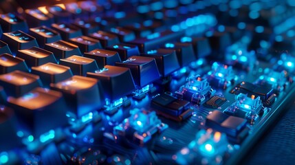 Obraz premium A close-up of a high-end mechanical keyboard, highlighting the intricate details of the key switches and backlighting, demonstrating precision in design and manufacturing.