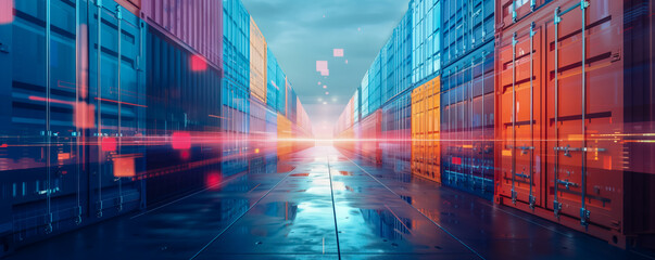 Fototapeta premium Abstract illustration of the warehouse with many containers on it. Shipping and delivering concept.