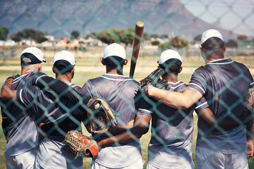 Baseball, teamwork and support with back of men, together and training for game on field. Practice,...