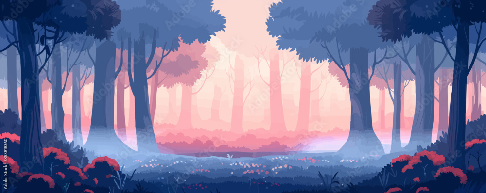 Poster enchanted forest with towering trees and mystical creatures. vector flat minimalistic isolated illus