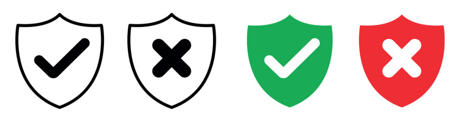 Protection and unprotection, green shield checkmark & red shield cross signs collection vector. © Vector Elements