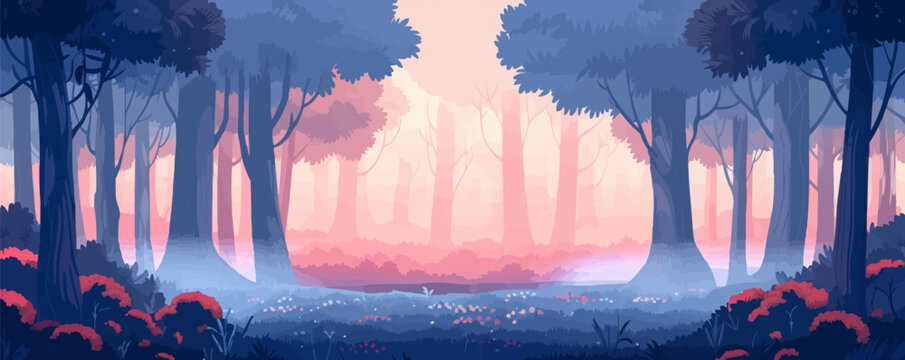 Enchanted forest with towering trees and mystical creatures. Vector flat minimalistic isolated illustration.