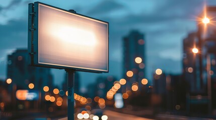 A blank billboard stands in a city at dusk with outoffocus lights and buildings in the background