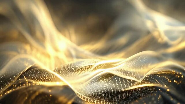 Ethereal golden waves of light shimmer against a dark background, creating a mesmerizing, fluid motion. The mood is calm and enchanting, with intricate details in each wave.