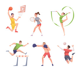 Olympic sports. Active fitness characters in action poses sport games exact vector cartoon people fitness activities