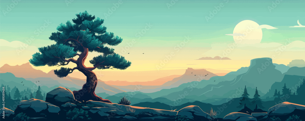Poster towering pine tree in a serene forest setting. vector flat minimalistic isolated illustration.