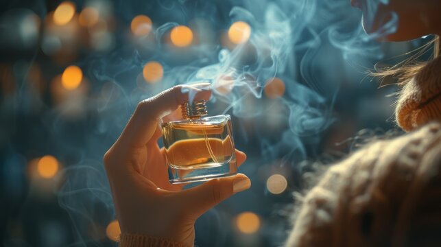 A woman applying a dab of perfume to her wrist, with a subtle mist hanging in the air, illustrating the concept of delicate fragrance.