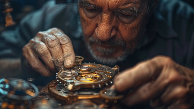 A watchmaker assembling a watch, placing tiny gears and components into the mechanism with steady hands and careful precision.