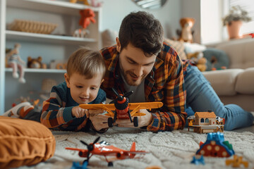 Father and son lying on the floor and playing with toy airplanes, enjoying quality time together in a cozy indoor setting with toys scattered around.
