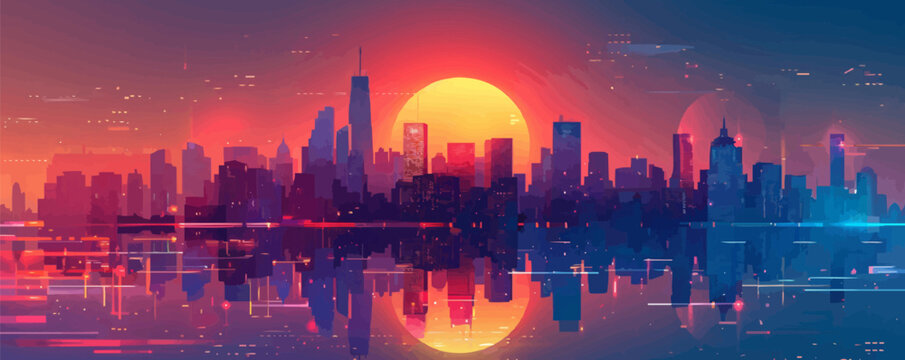 Abstract city skyline with futuristic buildings Vector flat minimalistic isolated illustration