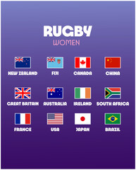 Obraz premium Rugby Women Flags Games Sport 2024 Abstract Design Teams Countries Symbol Logo Vector Illustration