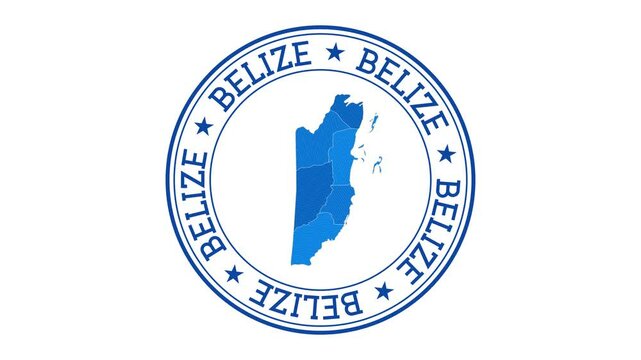 Belize intro. Badge with the circular name and map of the country. Belize round logo animation.