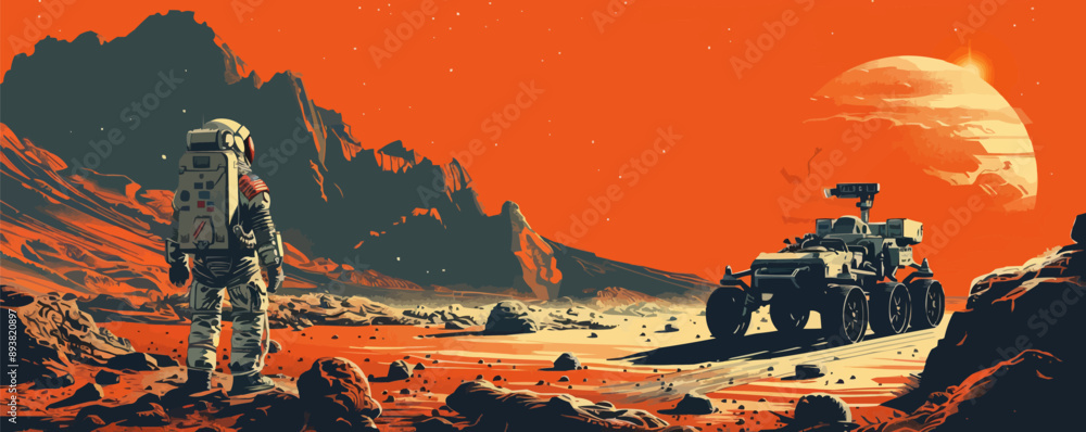 Poster sci-fi astronaut exploring an alien landscape with a rover vector flat minimalistic isolated illustr