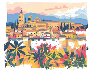 Obraz premium Risograph vibrant riso print travel poster, card, wallpaper or banner illustration, modern, isolated, clear, simple of Córdoba, Spain. Artistic, screen printing, stencil