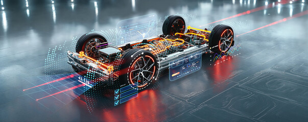 futuristic electric sport fast car chassis and battery packs with high performance or future EV fatory production and prototype showcase concepts as wide banner with copy space area