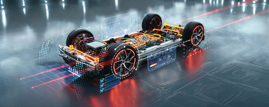 futuristic electric sport fast car chassis and battery packs with high performance or future EV fatory production and prototype showcase concepts as wide banner with copy space area