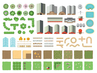 Farm top view. Landscape elements of farm village buildings roads barns and green gardens recent vector constructor © ONYXprj