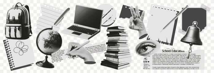 Set of school elements, a retro backpack for collages in a halftone style, pen, pencil, laptop, globe, torn sheet, newspaper. Vector illustration on the theme of school, study, university.