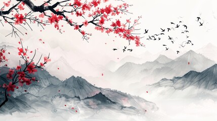 A delicate branch of red blossoms extends over a misty mountain range with birds soaring through the sky