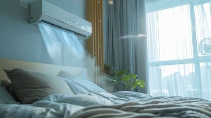 Cold air coming out of a white conditioner hanging on the bedroom wall above the bed. Modern house interior temperature cooling technology equipment, remote summer system