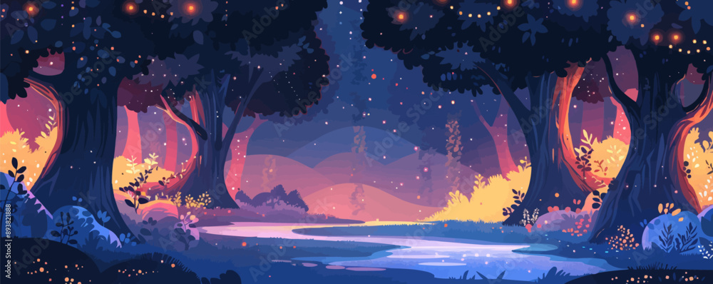 Poster a mystical fairy forest with ancient trees and sparkling streams. vector flat minimalistic isolated 