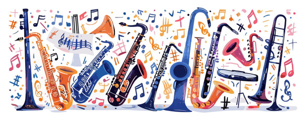 Jazz band instruments and musical notes on a plain white backdrop. Vector flat isolated illustration.