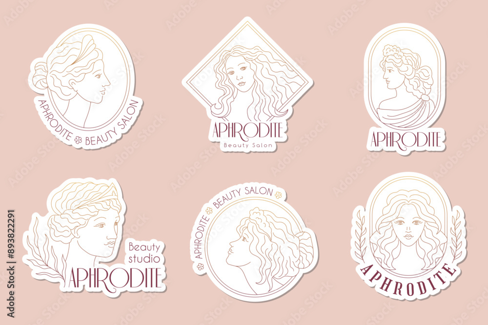 Sticker Aphrodite logo. Beauty salon badges with stylized illustrations of fashioned woman aphrodite portraits recent vector templates set