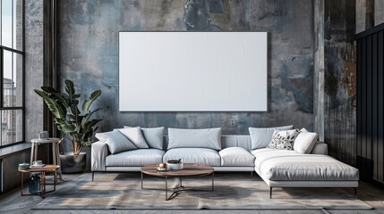 Modern living room with a large blank canvas for artwork above a white sectional sofa