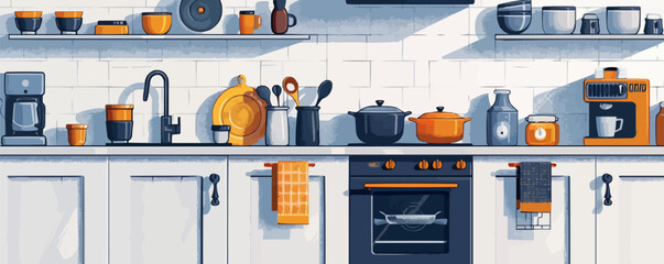Modern kitchen with appliances, pots, and pans on a white background. Vector flat isolated illustration.