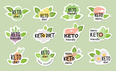 Keto diet. Set of keto menu products badges recent vector keto diet signs with place for text